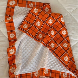 Clemson Baby Blanket-Orange and Purple and White-Personalized-Receiving Blanket-Stadium Blanket-Tailgate-Minky-Flannel-Embroidered