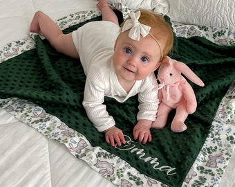 Personalized Baby Blanket-Receiving Blanket-Toddler Blanket-Security Blanket-Minky-Flannel-Rabbit-Bunny-Greenery-Embroidered-Monogrammed