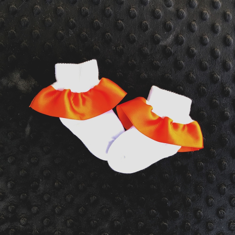 Ruffled Socks-Ribbon Trimmed Anklets-Baby Girls-Newborn-Infant-Toddler-Orange-Yellow-White Turn Cuff Socks-Satin Ribbon-Grosgrain Ribbon image 3