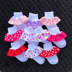 Valentine&#39;s Day Ruffled Socks-Hearts-Pink-Red-Lavender-Ribbon Trimmed Anklets-Baby Girls-Newborn-Infant-Toddler-White Turn Cuff Socks