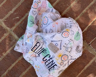 Personalized Farm Muslin Swaddle Blanket-Farm Animals -Baby-Nursing Cover-Receiving Blanket-Embroidered-Monogrammed