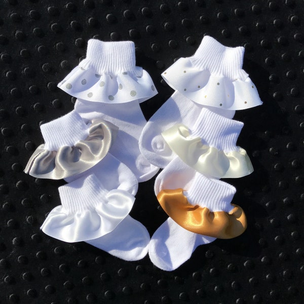 Ruffled Socks-Ribbon Trimmed Anklets-Girls-Newborn-Infant-Toddler-Formal-Flower Girl-Metallics-Turn Cuff Socks-Satin Ribbon-Grosgrain Ribbon