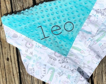 Personalized Lovey-Doll Blanket-Security Blanket-Minky-Flannel-Wild Animals-Embroidered-Monogrammed