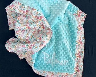 Personalized Baby Blanket-Pink Wildflowers-Aqua-Floral-Receiving Blanket-Doll Blanket-Embroidered-Monogrammed