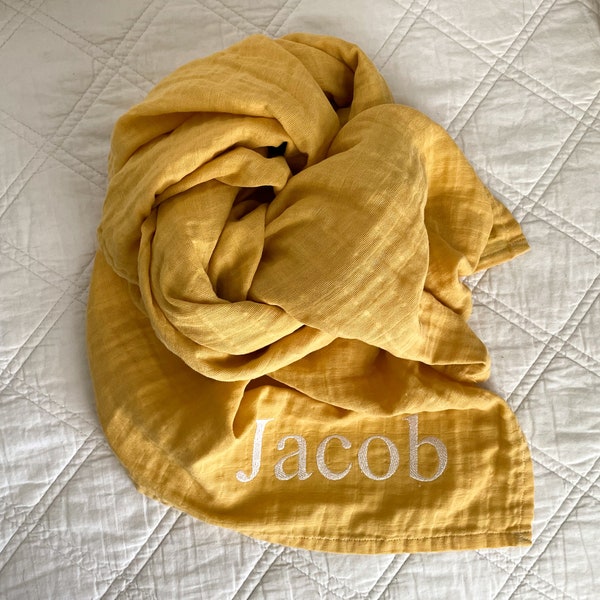 Personalized Mustard Muslin Swaddle Blanket-Yellow-Solid Color-Baby Swaddle-Nursing Cover-Receiving Blanket-Embroidered-Monogrammed