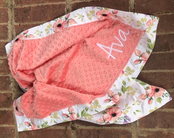 Personalized Lovey-Doll Blanket-Security Blanket-Minky-Flannel-Floral-Coral-Embroidered-Monogrammed