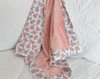 Personalized Baby Blanket-Blush Pink Roses-Floral-Receiving Blanket-Doll Blanket-Embroidered-Monogrammed
