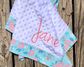 Personalized Baby Blanket-2 Sizes-Receiving Blanket-Doll Blanket-Lovey-Security Blanket-Minky-Flannel-Aqua-Coral-Embroidered-Monogrammed