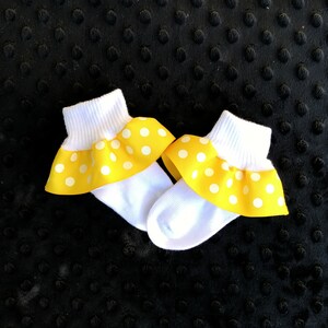 Ruffled Socks-Ribbon Trimmed Anklets-Baby Girls-Newborn-Infant-Toddler-Orange-Yellow-White Turn Cuff Socks-Satin Ribbon-Grosgrain Ribbon image 4
