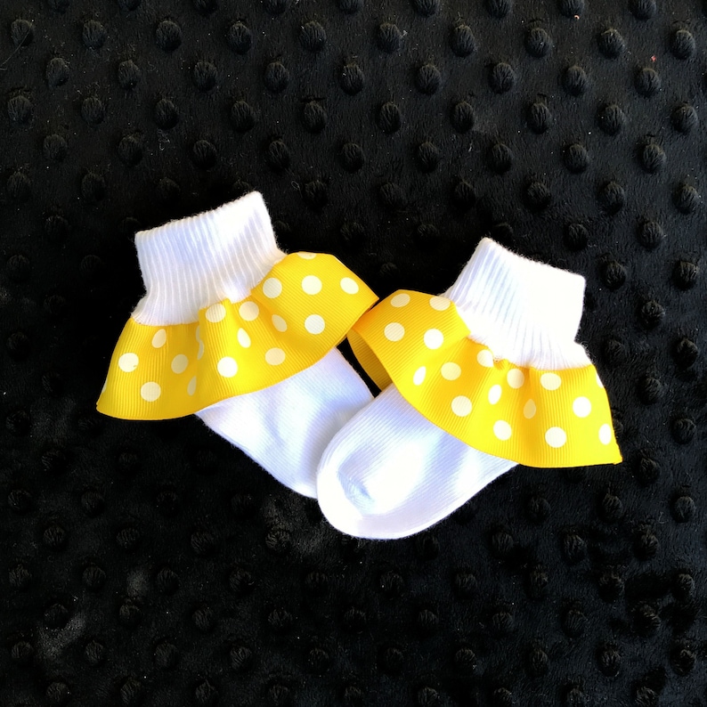 Ruffled Socks-Ribbon Trimmed Anklets-Baby Girls-Newborn-Infant-Toddler-Orange-Yellow-White Turn Cuff Socks-Satin Ribbon-Grosgrain Ribbon image 4