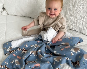 Personalized Baby Blanket-Receiving Blanket-Toddler Blanket-Security Blanket-Minky-Flannel-Blue-Farm Animal Babies-Embroidered-Monogrammed