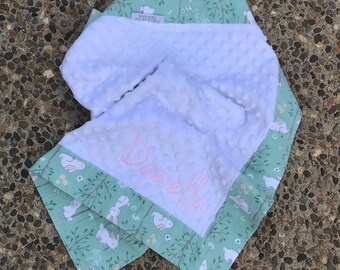 Personalized Lovey-Doll Blanket-Security Blanket-Minky-Flannel-Bunny Rabbits-Embroidered-Monogrammed