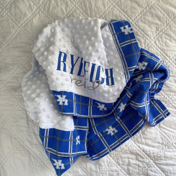 Lexington Baby Blanket-Blue and White-Personalized-Receiving Blanket-Stadium Blanket-Tailgate-Minky-Flannel-Embroidered