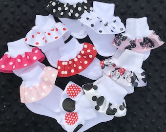 Ruffled Socks-Ribbon Trimmed Anklets-Disney-Minnie Mouse-Mickey Mouse-Newborn-Infant-Toddler-White TurnCuff Socks-Satin and Grosgrain Ribbon