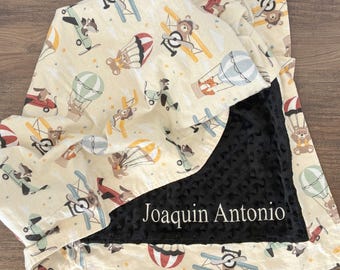 Personalized Baby Blanket-Receiving Blanket-Toddler Blanket-Minky-Flannel-Vintage Airplanes-Hot Air Balloons-Animals-Embroidered-Monogrammed