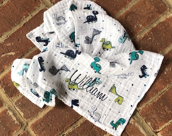 Personalized Mini Muslin Swaddle Blanket-Muslin Lovey-Security Blanket-Travel Blanket-Navy Aqua Green Gray Dinosaurs-Embroidered-Monogrammed