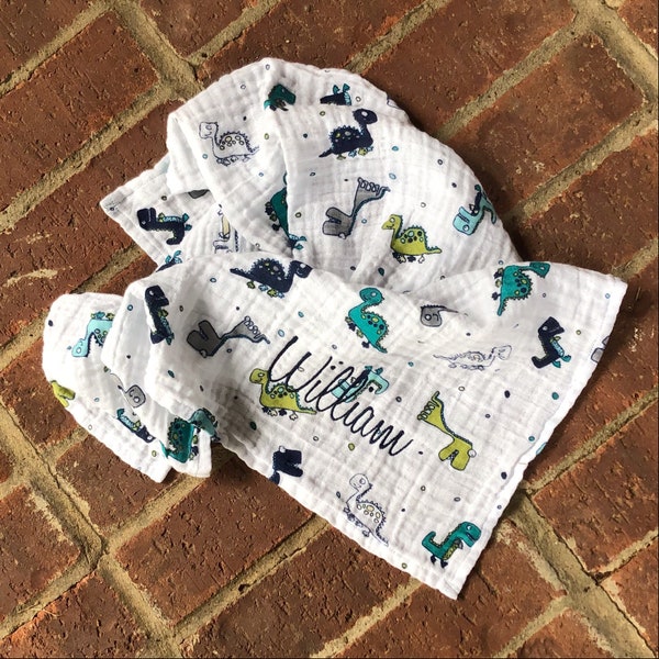 Personalized Mini Muslin Swaddle Blanket-Muslin Lovey-Security Blanket-Travel Blanket-Navy Aqua Green Gray Dinosaurs-Embroidered-Monogrammed