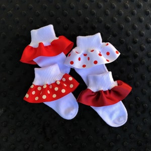 Ruffled Socks-Ribbon Trimmed Anklets-Baby Girls-Newborn-Infant-Toddler-Red-Maroon-White Turn Cuff Socks-Satin Ribbon-Grosgrain Ribbon