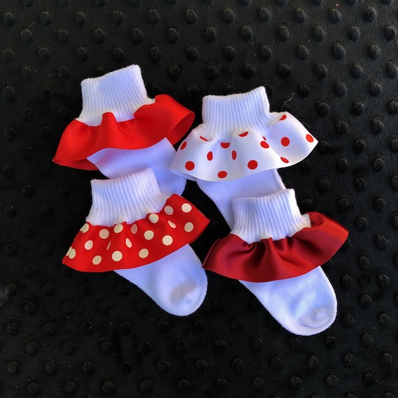 Ruffled Socks-Ribbon Trimmed Anklets-Baby Girls-Newborn-Infant-Toddler-Red-Maroon-White Turn Cuff Socks-Satin Ribbon-Grosgrain Ribbon