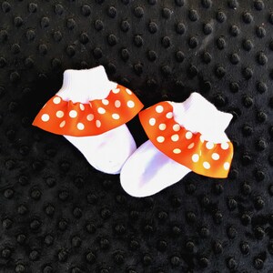 Ruffled Socks-Ribbon Trimmed Anklets-Baby Girls-Newborn-Infant-Toddler-Orange-Yellow-White Turn Cuff Socks-Satin Ribbon-Grosgrain Ribbon image 2