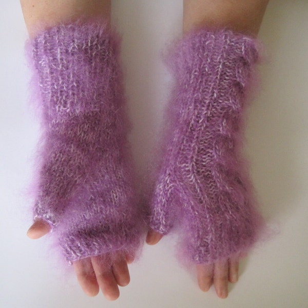 Tricoté à la main, respectueux de la peau, de qualité, fil de laine mohair violet, gants sans doigts en dentelle pour femmes, doux, chaud et très facile pour les mains