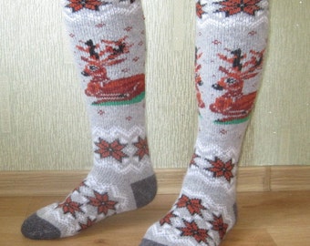 SUPER PRICE Scandinavian Classic Knit and Felt Knee Socks with Knit Reindeer of Natural Angora wool yarn EU38-40/US8-9 for warm comfort feet