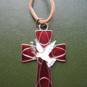 Christian cross with Dove of Peace is symbol of the Holy Spirit and also of Christian missionary activity. Red or Blue Enamel Leather cord