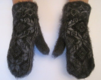 Traditionnel et mode Norvège motif flocon de neige tricot et feutre naturel noir fil de laine de chèvre femmes mitaines agréable chaud doux pour les mains