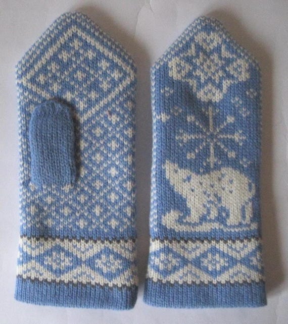 Women Double knitting Mittens Natural Merino wool yarn Nice Classic Knit Pattern "Polar Bear and North Star" Cozy Warm Soft Dense for hands