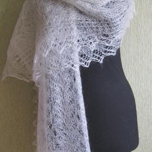 Openwork Thin Handknit All season shawl(stole)White Goat down yarn on Silk basis pattern "Leaves" Friendly to Skin Very Light Warm Gentle