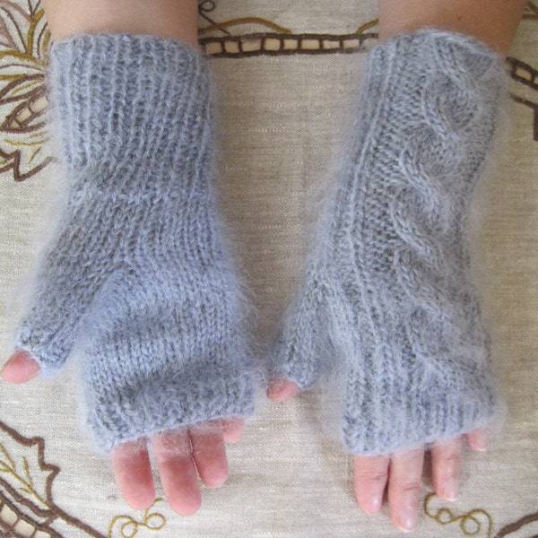 Hand Knit Friendly to Skin High Quality Gray Mohair Wool Lace Fingerless Gloves for Womens Nice, Warm Soft and very easy for your hands