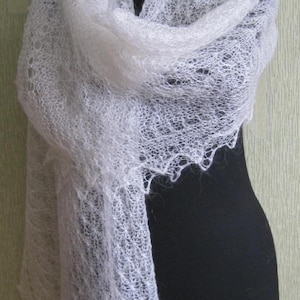 Openwork Thin Handknit All season shawl (stole) White Goat down yarn on Silk basis pattern "Petals" Friendly to Skin Very Light Warm Gentle