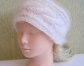 SUPER PRICE Hand Knitted White Mohair Wool Headband Handmade Ear warmer Lace Knit Headband Soft gentle warm and very easy for head bandage