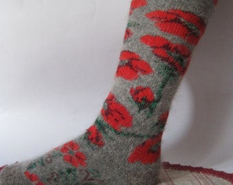 Natural Goat Down yarn Women Knit and Felt Stockings with Red Poppies high quality Ledys Knee socks for warmth and comfort