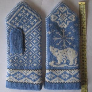 May include: A pair of blue and white knitted mittens. One mitten features a polar bear design, while the other has a geometric pattern. The mittens are approximately 10 inches long.