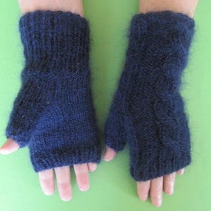 Hand Knitted Friendly to Skin Quality dark blue Mohair Wool yarn Lace Fingerless Women Gloves Super Dense Soft Warm Easy