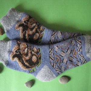 May include: A pair of blue and grey wool socks with a brown squirrel design. The socks have a geometric pattern in brown, blue, and white.