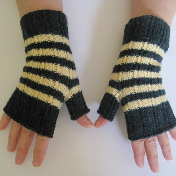 Hand Knit Friendly to Skin Fingerless gloves Natural Estonian wool dark green with yellow stripes yarn Nice Warm Soft easy for your hands