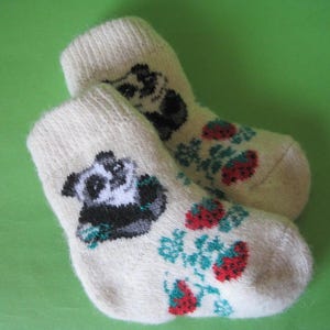 Friendly to Skin Knit felt Baby socks Natural Angora wool yarn Warm gift Baby boots super warm soft Knit pattern Panda cub Size 1-2 years