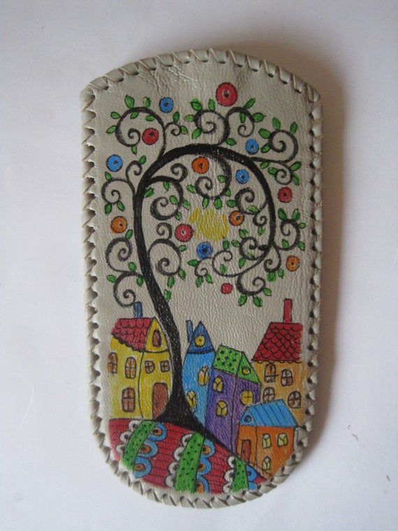 Design Hand work Natural soft Leather Case for glasses or mobile stitched with leather thread hand painted with acrylic paints and varnished