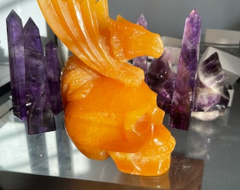 Huge, Vibrant Orange Calcite Skull with Dragon - Hand Carved