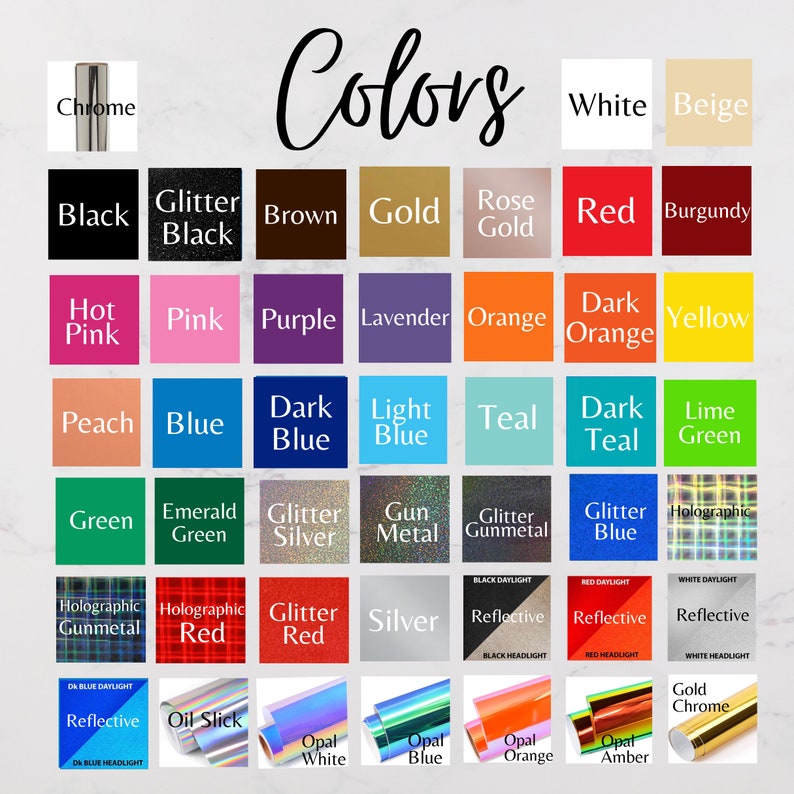 Pu&ograve; includere: Una tabella colori che mostra varie opzioni di vinile etichettate con testo che include Chrome, White, Beige, Black, Glitter Black, Brown, Gold, Rose Gold, Red, Burgundy, Hot Pink, Pink, Purple, Lavender, Orange, Dark Orange, Yellow, Peach, Blue, Dark Blue, Light Blue, Teal, Dark Teal, Lime Green, Green, Emerald Green, Glitter Silver, Gun Metal, Glitter Gunmetal, Glitter Blue, Holographic, Holographic Gunmetal, Holographic Red, Glitter Red, Silver, Reflective, Oil Slick, Opal White, Opal Blue, Opal Orange, Opal Amber e Gold Chrome.