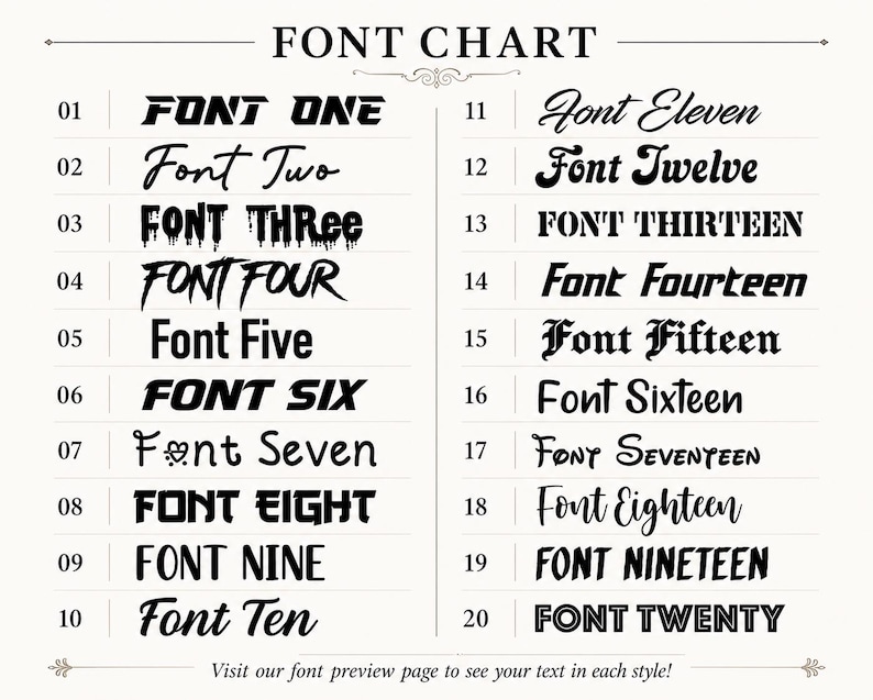 May include: A black and white font chart displaying twenty distinct typography styles numbered 01 through 20. Each entry shows the text Font followed by its corresponding number in a unique typeface, ranging from bold block letters to cursive scripts.