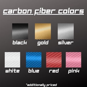 Pu&ograve; includere: Una tabella colori intitolata carbon fiber colors che mostra sette campioni quadrati con un motivo a trama diagonale in nero, oro, argento, bianco, blu, rosso e rosa. Ogni campione &egrave; etichettato con il relativo nome del colore in bianco.