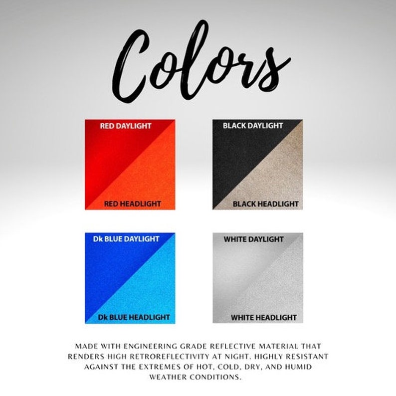 Puede incluir: Una tabla de colores titulada Colors que muestra cuatro cuadrados, cada uno dividido diagonalmente para mostrar dos tonos. Los cuadrados est&aacute;n etiquetados como Rojo, Negro, Azul oscuro y Blanco, con texto que indica las variaciones Daylight y Headlight.