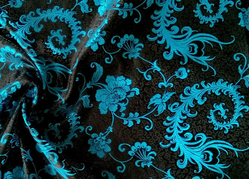 05 Meter of Blue and Black Jacquard Damask Fabric Floral | Etsy