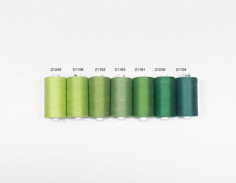 Pu&ograve; includere: Un set di otto bobine di filo in tonalit&agrave; di verde, dal verde chiaro al verde scuro. Le bobine sono etichettate con i numeri 21240, 21108, 21162, 21163, 21161, 21230, 21104.