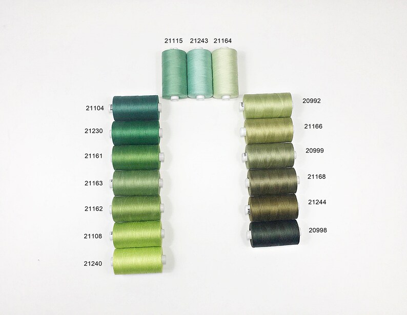 Pu&ograve; includere: Una collezione di 14 bobine di filo in diverse tonalit&agrave; di verde, dal verde scuro al verde chiaro. Ogni bobina &egrave; etichettata con un numero, come 21104, 21230, 21115, 21243, 21164, 20992, 21166, 20999, 21161, 21168, 21163, 21244, 21162 e 20998.