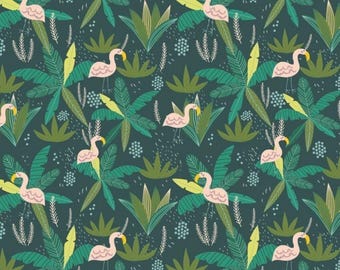 Fabric pink flamingo in teal, Tropical animal fabric print, Sewing- Quilt fabric, Cotton blend fabric by 1/2 yard