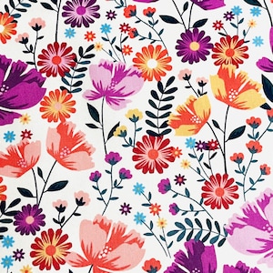 Floral cotton fabric purple and orange on white background, Sewing-Quilting, Fabric by 1/2 yard